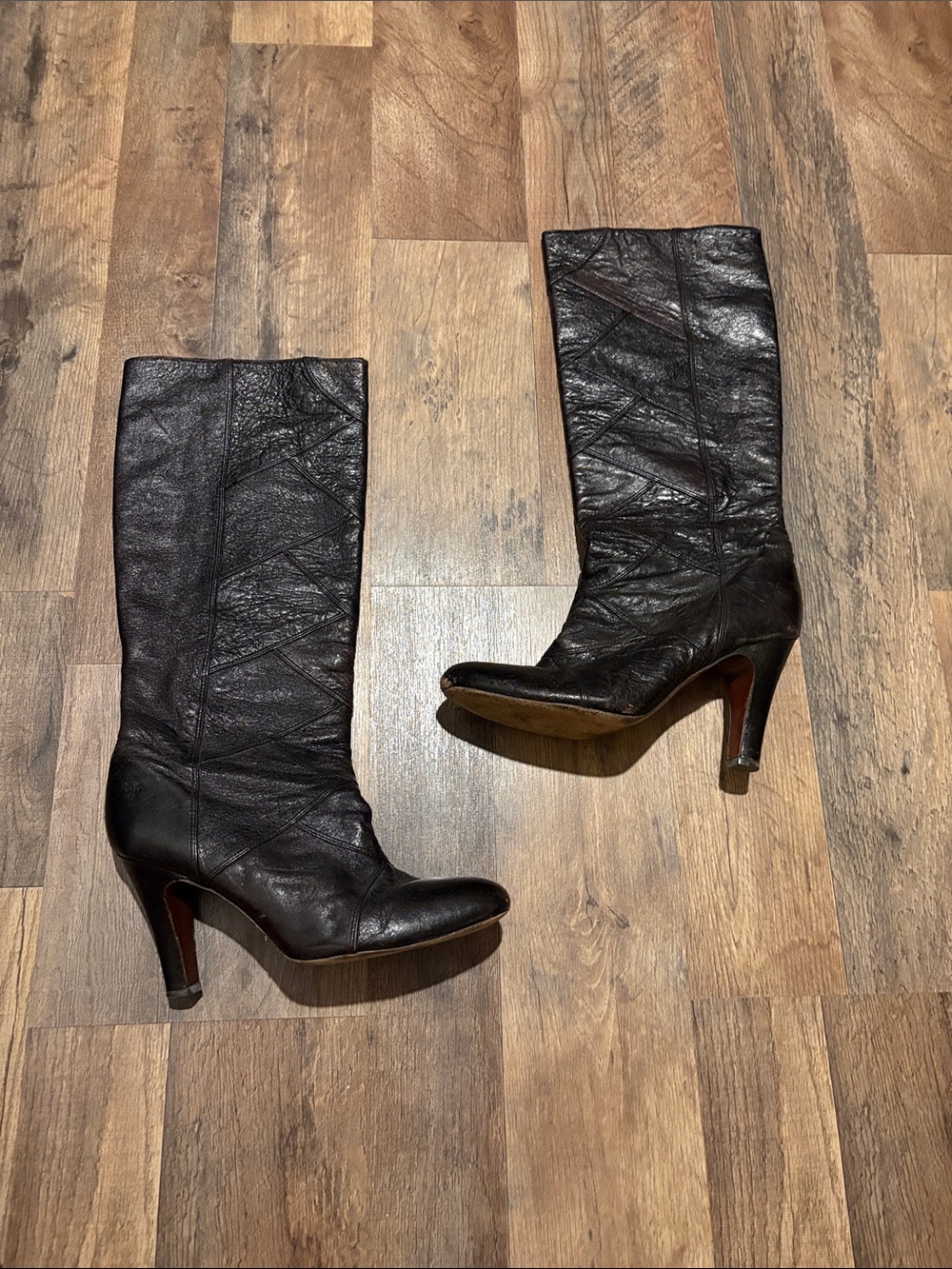 Frye Ava Tall Patch Work Leather Classic Black Leather Heeled Boots